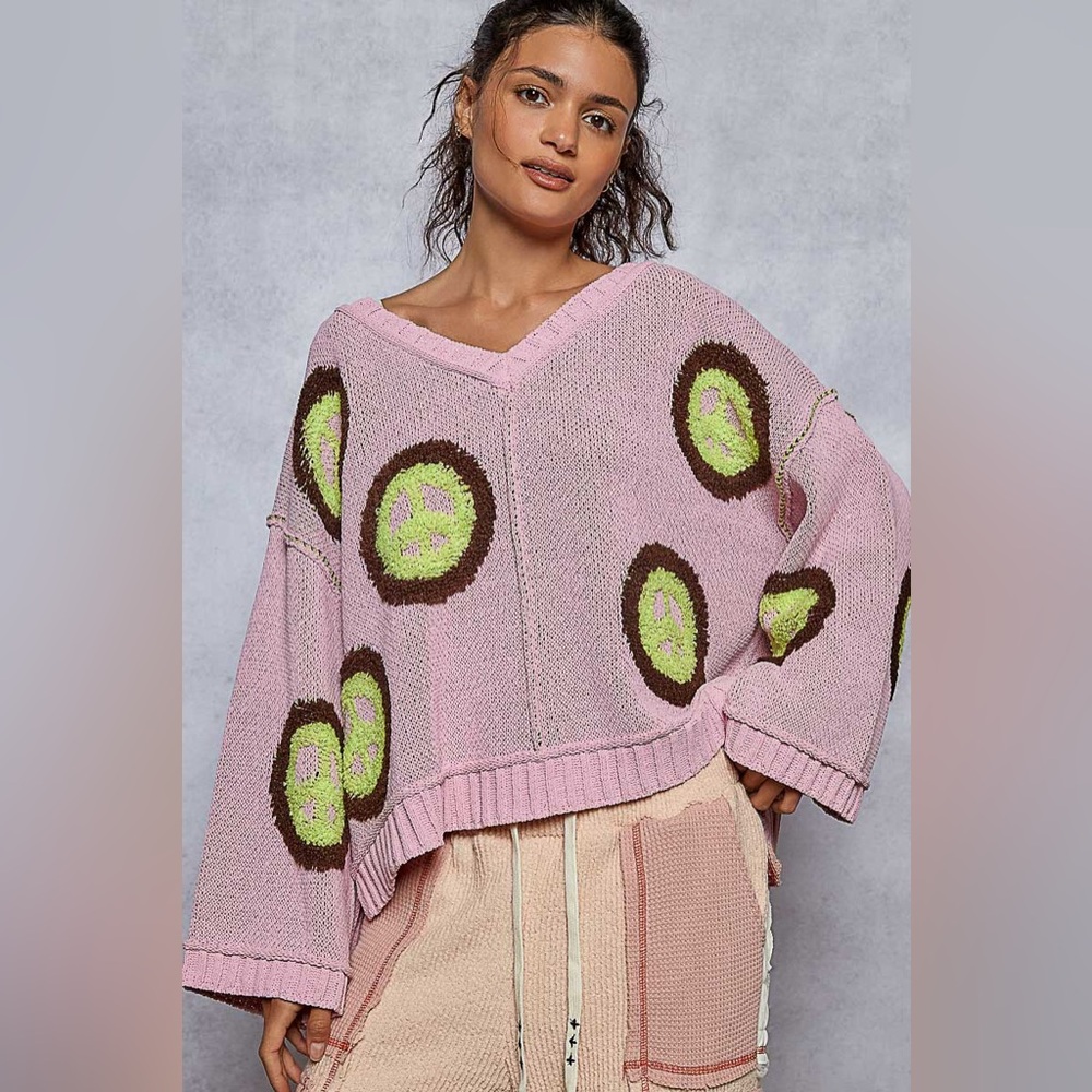 POL Pink V-Neck Sweater with Green and Brown Circle Motifs